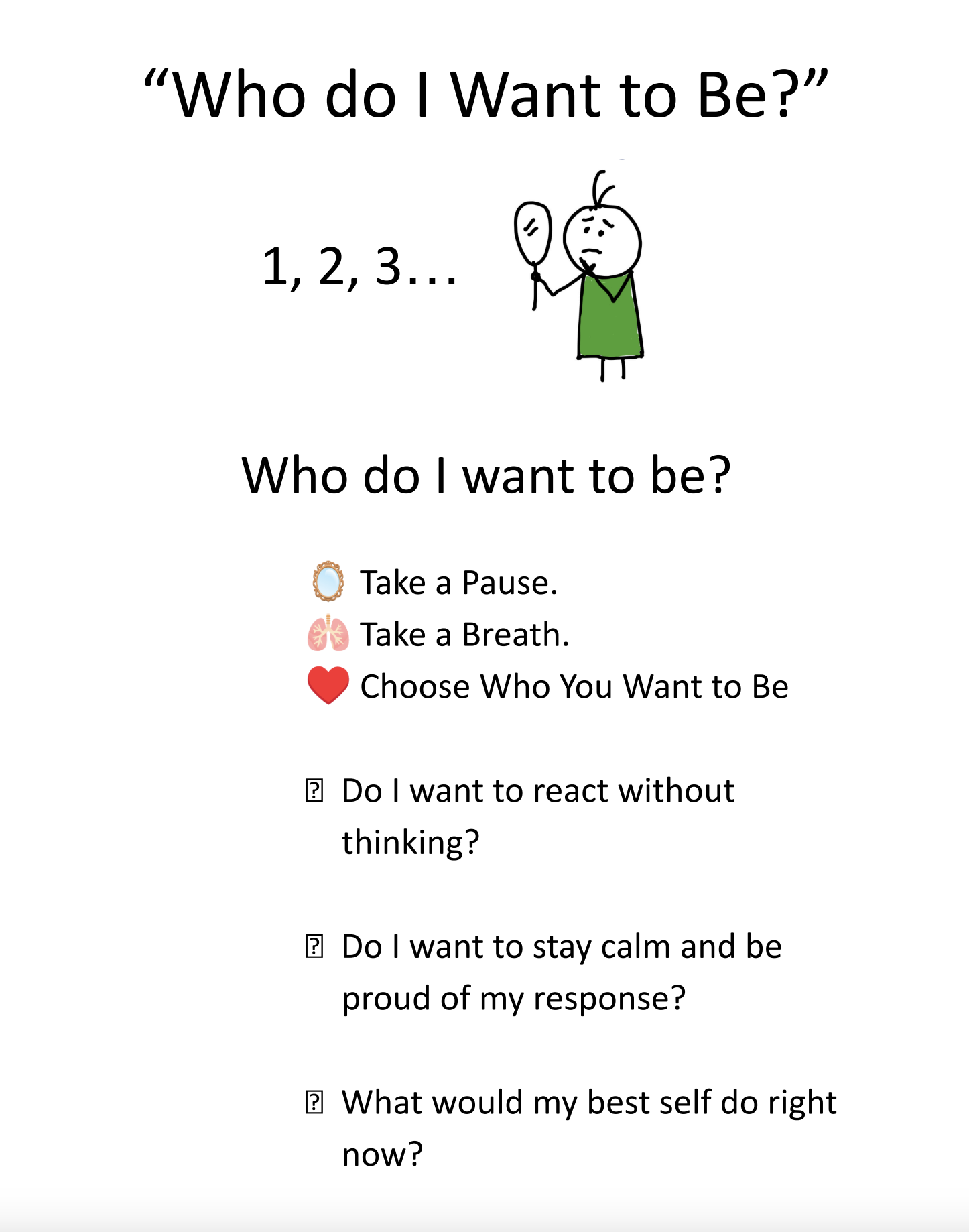 A coloring book page titled "Who do I Want to Be?" featuring a unicycle-riding character looking pensive, with printed text asking questions about self-reflection and personal growth, accompanied by colorful icons.