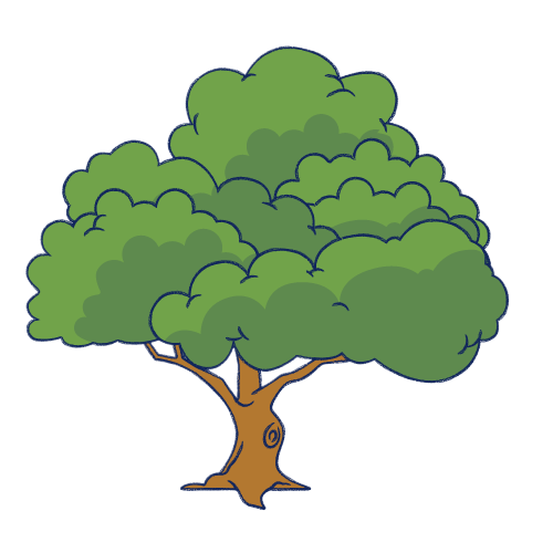 Illustration of a large, leafy green tree with a brown trunk and multiple rounded canopies.