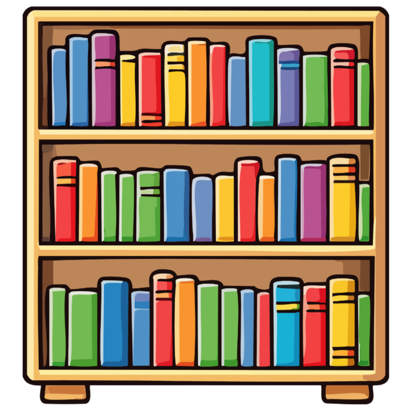 Colorful cartoon bookshelf filled with various books.