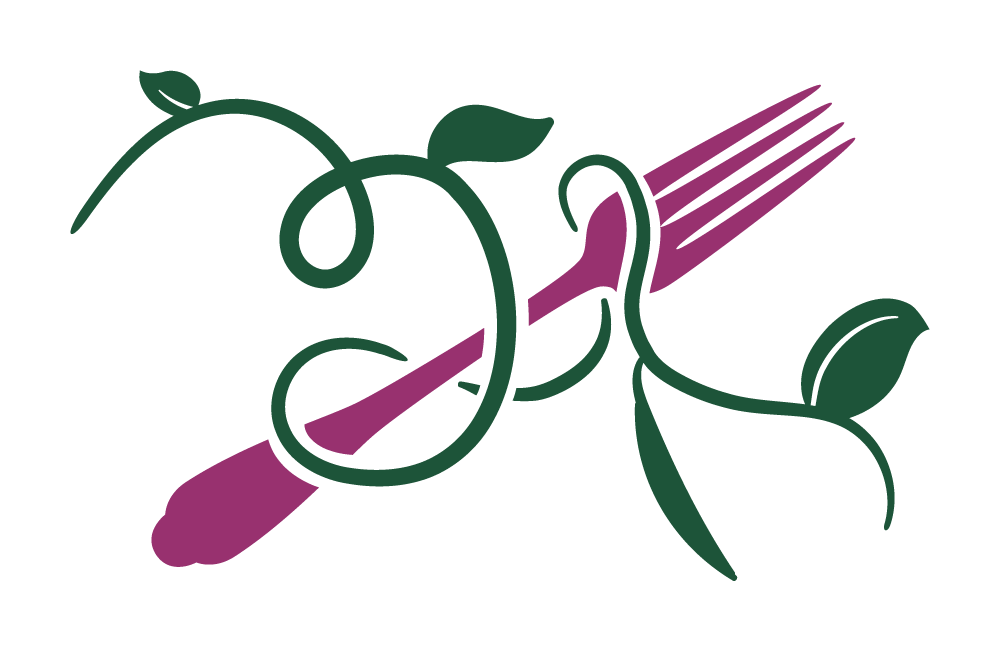 A graphic of a maroon fork with a green vining plant wrapped around it.