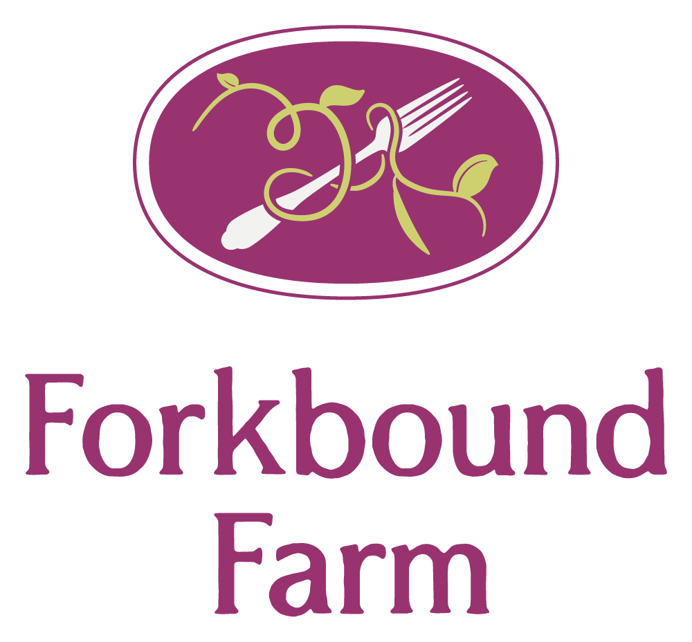 Forkbound Farm logo with  a maroon icon of a fork with a pea tendril