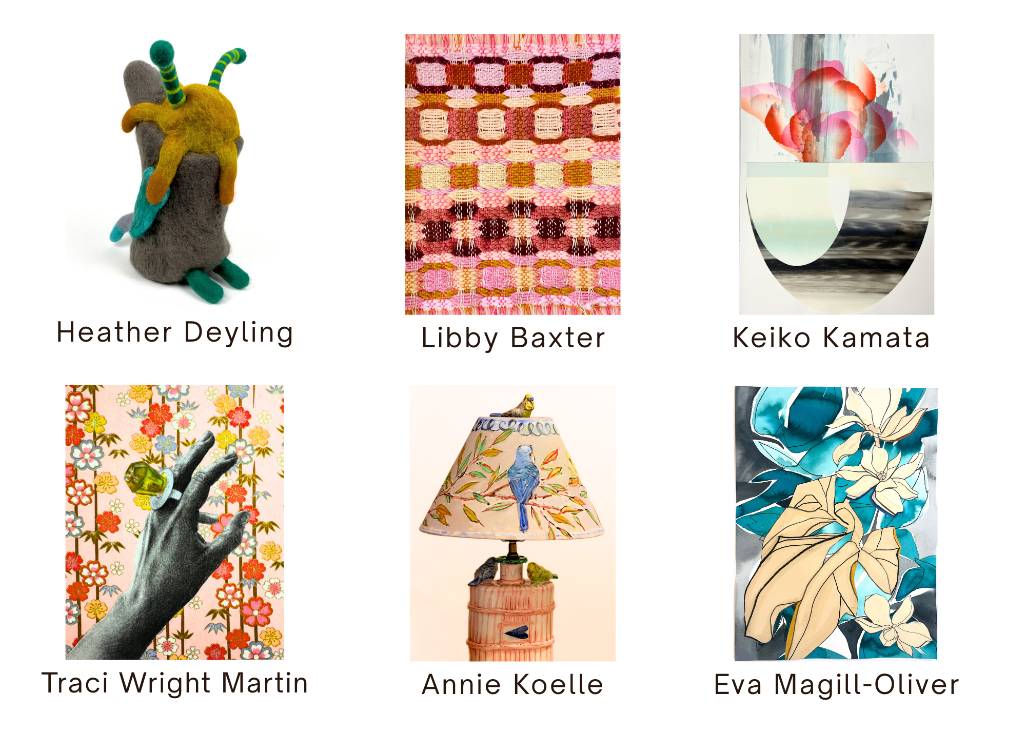An art exhibit display with six pieces of artwork and their respective artists' names: a felted sculpture of a gray object with yellow, teal, and green felt elements by Heather Deyling, a woven textile pattern with pink, orange, and cream colors by Libby Baxter, an abstract watercolor painting with pink and teal flower on a glass or circular surface by Keiko Kamata, a collage with a hand holding a ring with a yellow gem set against a floral background by Traci Wright Martin, a ceramic table lamp with painted bird and branch motifs by Annie Koelle, and a botanical illustration with cream flowers and teal leaves by Eva Magill-Oliver.