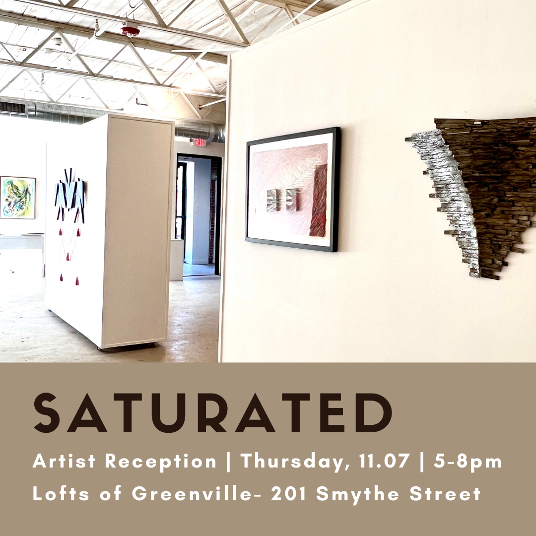 An art gallery with white walls displaying contemporary artwork and sculptures, with text overlay providing event details for an artist reception at Lofts of Greenville.