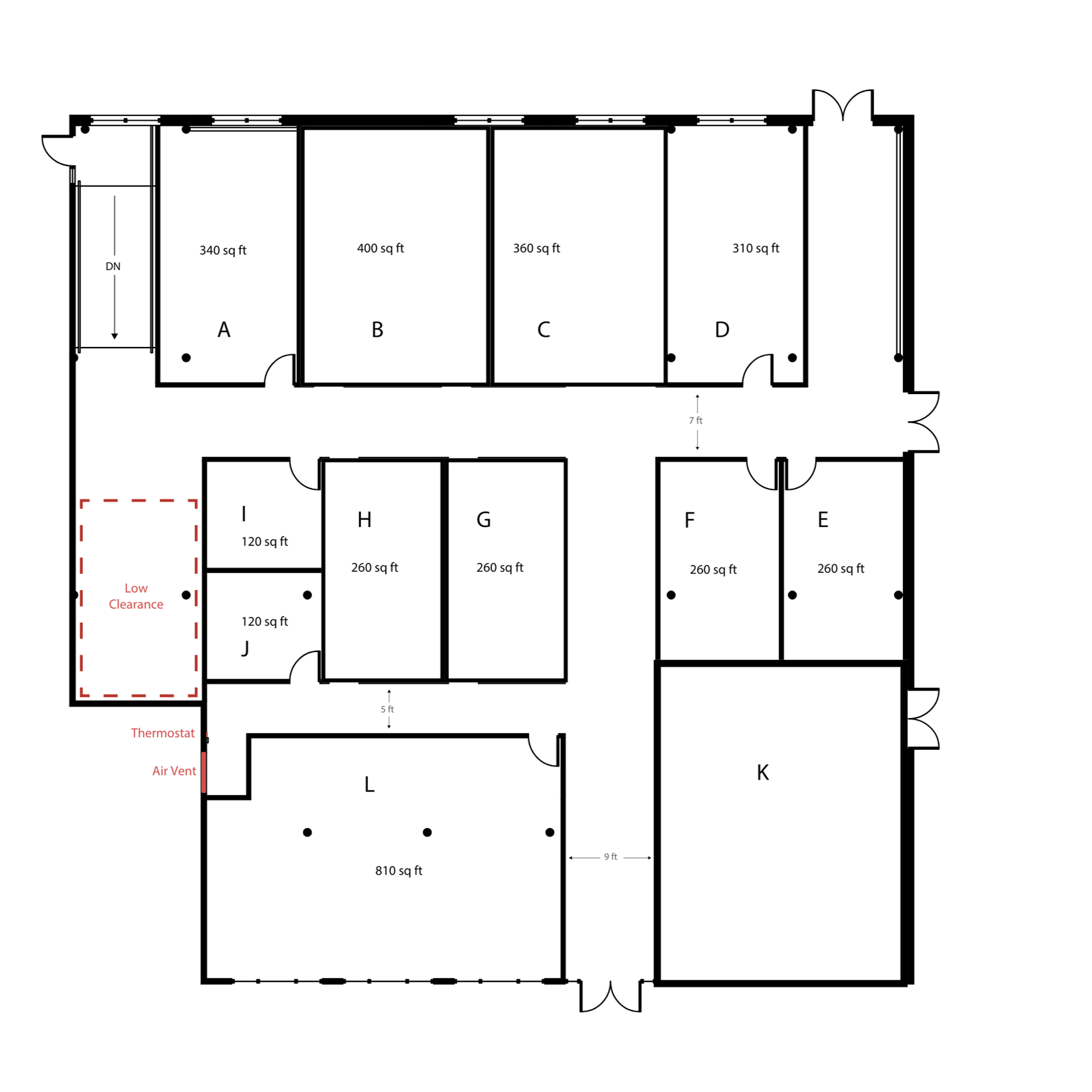 Floor plan layout of a building with labeled rooms A through L, including square footage and interior features, with marked low clearance area and air vent.