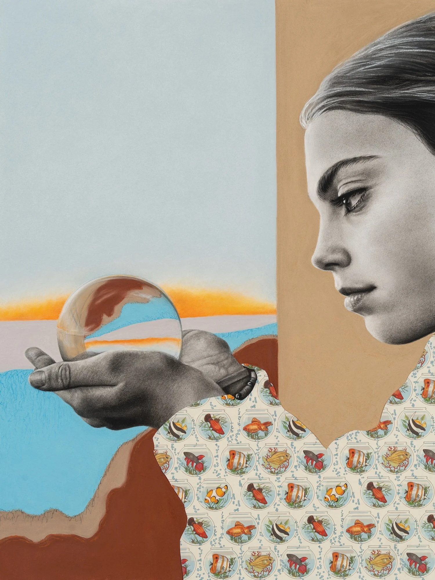 A mural featuring a Black and white portrait of a woman with long hair, holding a crystal ball with a desert sunset in the background, and a lower section decorated with a pattern of various fish swimming in jars.