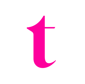 Large pink lowercase 't' on a black background.