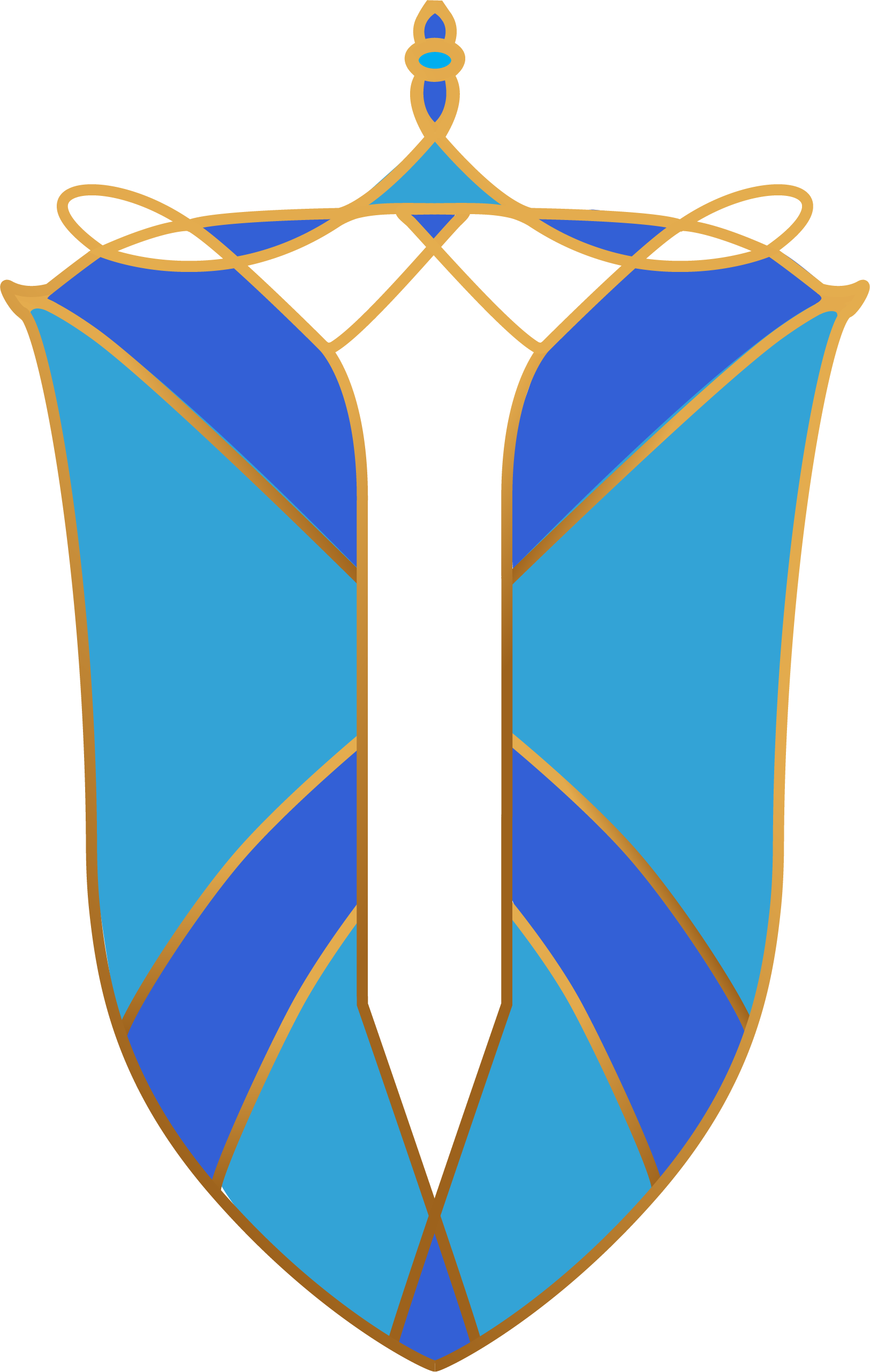 Illustration of a shield with blue and gold geometric patterns, a central vertical element, and a small star at the top.
