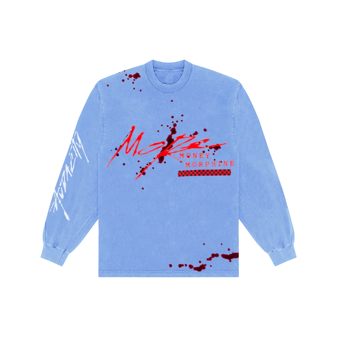 Blue long sleeve T-shirt with red and white graphic design, including splatters resembling blood, and text that reads 'Money Morphine'