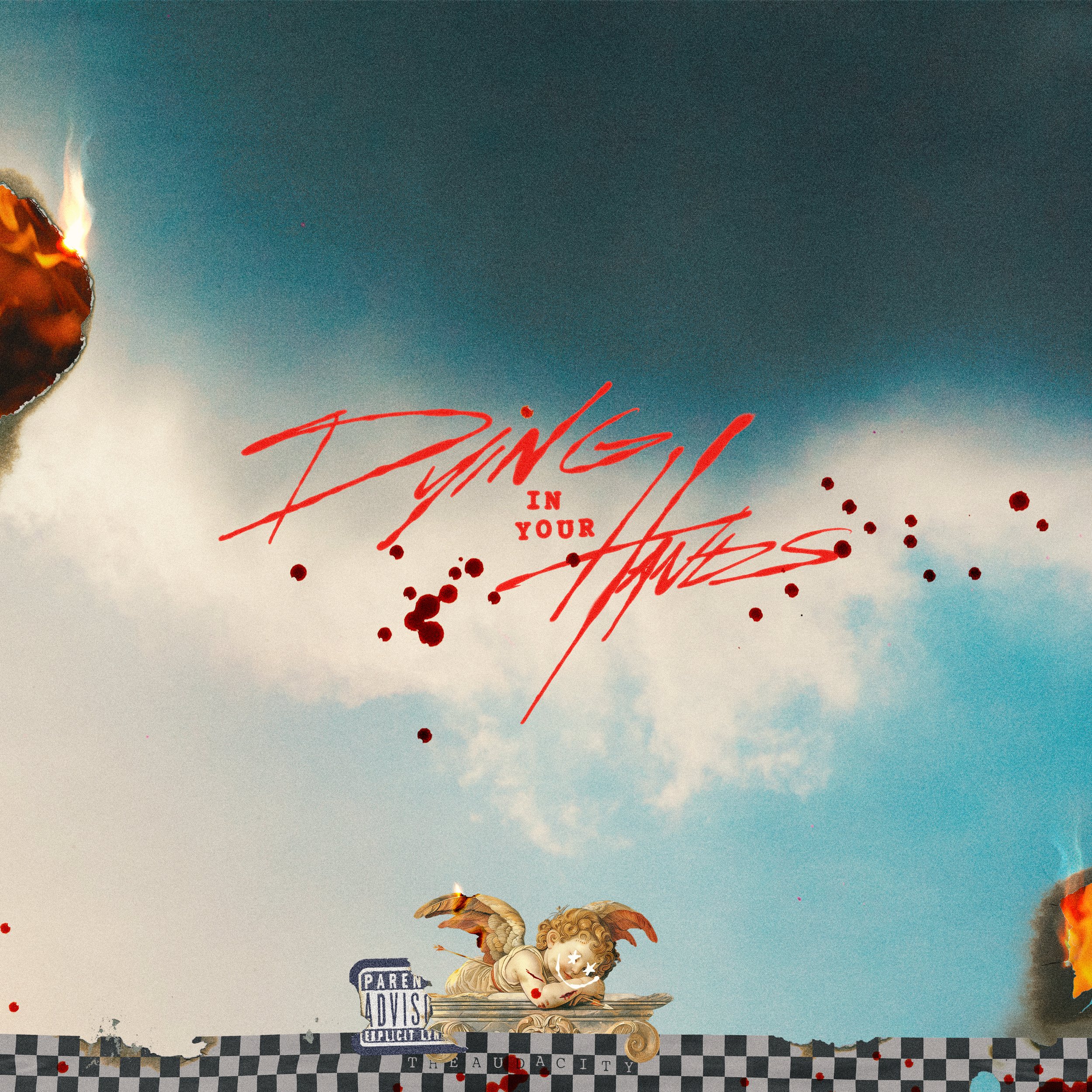 An album cover featuring a cherub statue resting on a decorative pedestal with a checkered black and white base, a parental advisory label, and red paint splatters on a background of blue sky with a few clouds.