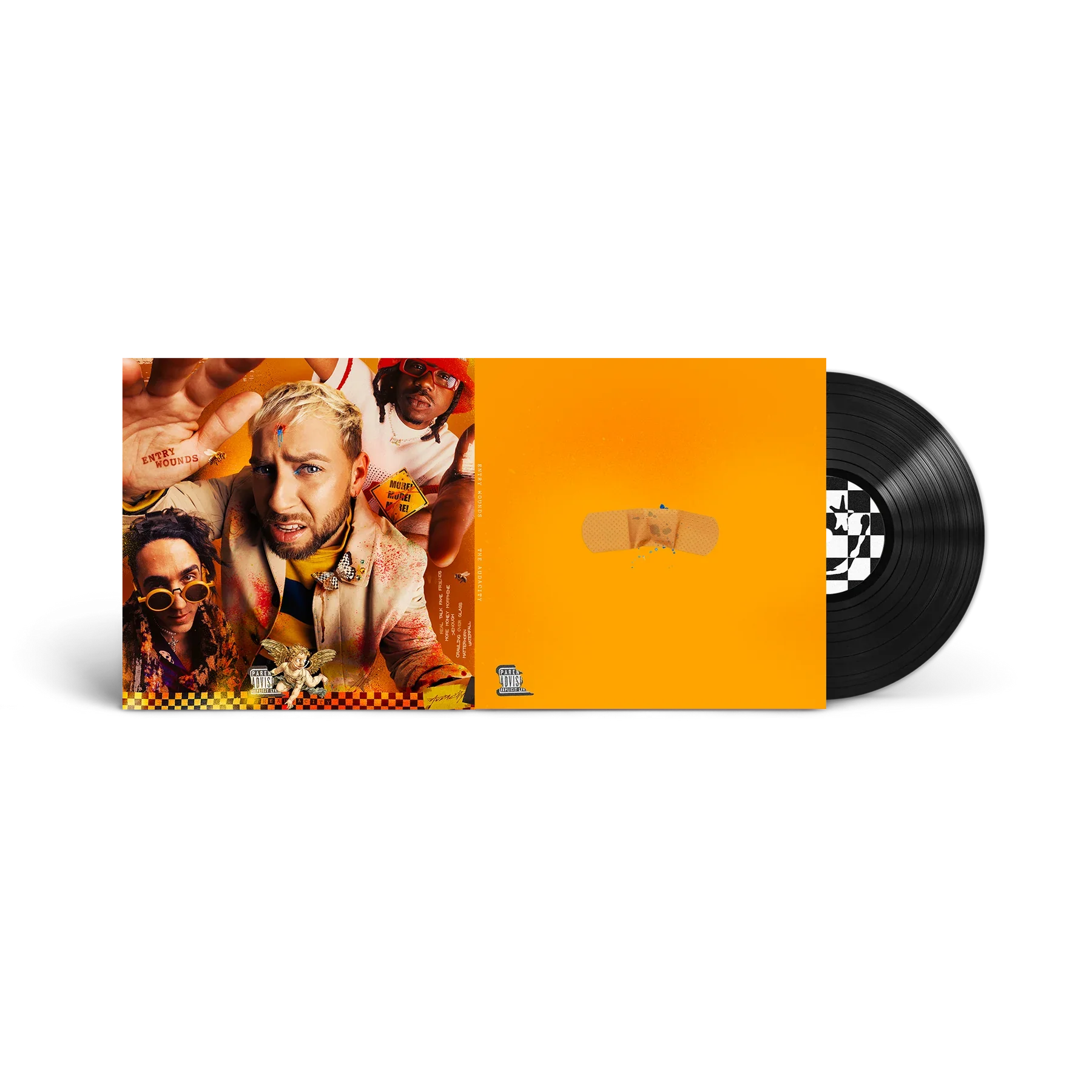 Album cover art with a group of people, colorful graphics, and a black vinyl record with a checkered pattern on the right side.