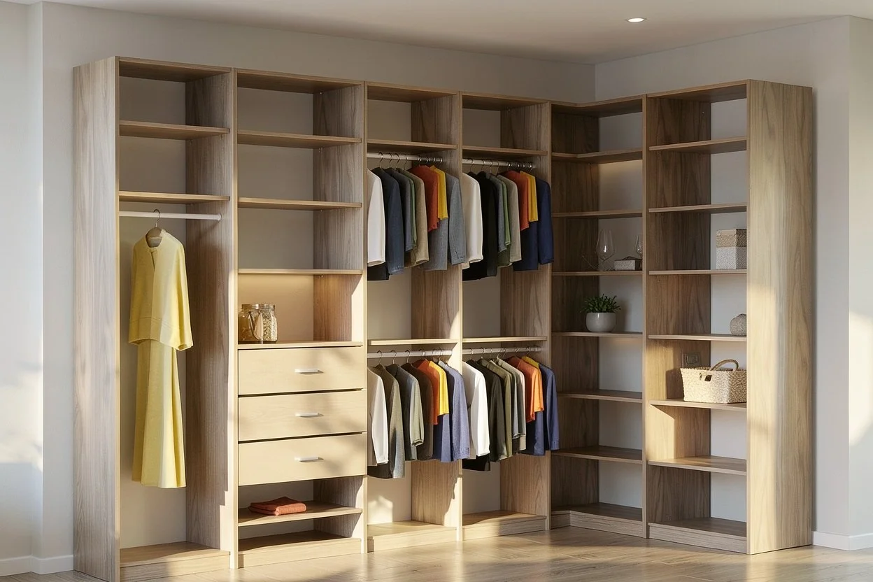 Empty wooden closet with shelves, drawers, and hanging space, with some clothing, decor, and accessories.