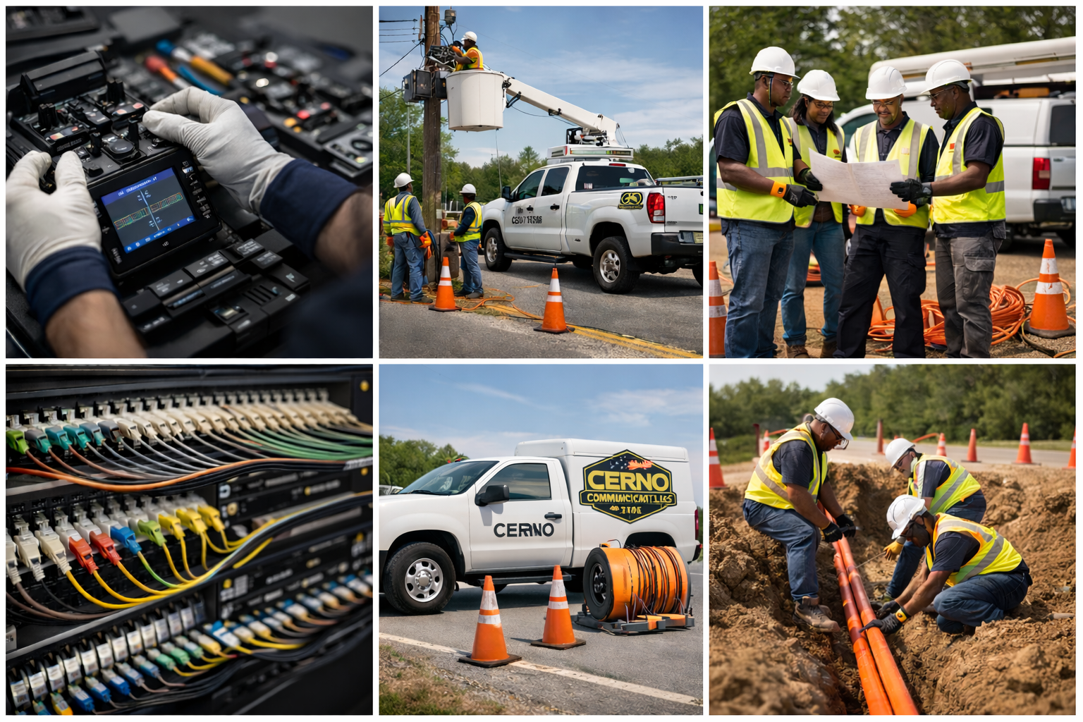 Utility workers installing and maintaining electrical infrastructure, including working on power lines, using tools and equipment, with trucks and orange safety cones present.