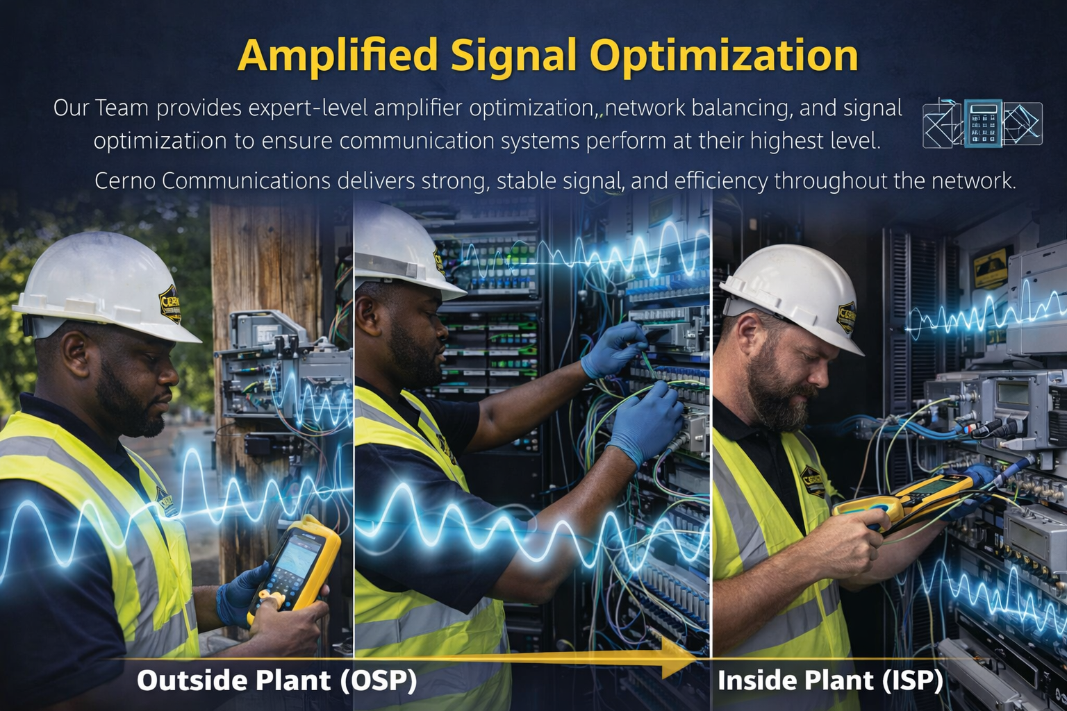 A digital infographic showing workers maintaining communication equipment outdoors and indoors, highlighting outside plant (OSP) and inside plant (ISP) with overlayed signal waves.