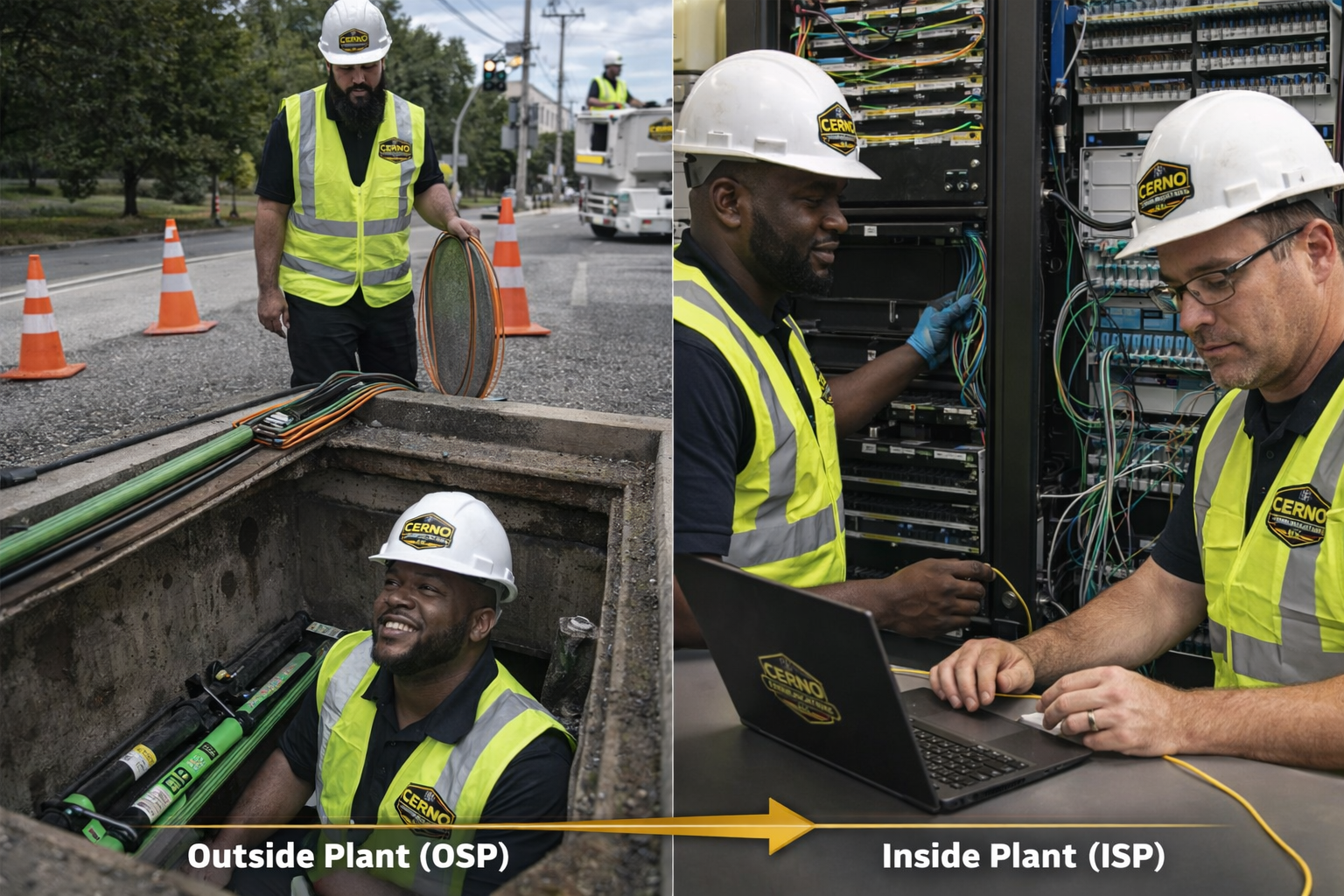 A split image showing utility workers in safety vests and helmets. On the left, one worker is working in an underground utility box on the street, handling cables with orange traffic cones and trees in the background. On the right, two workers are in