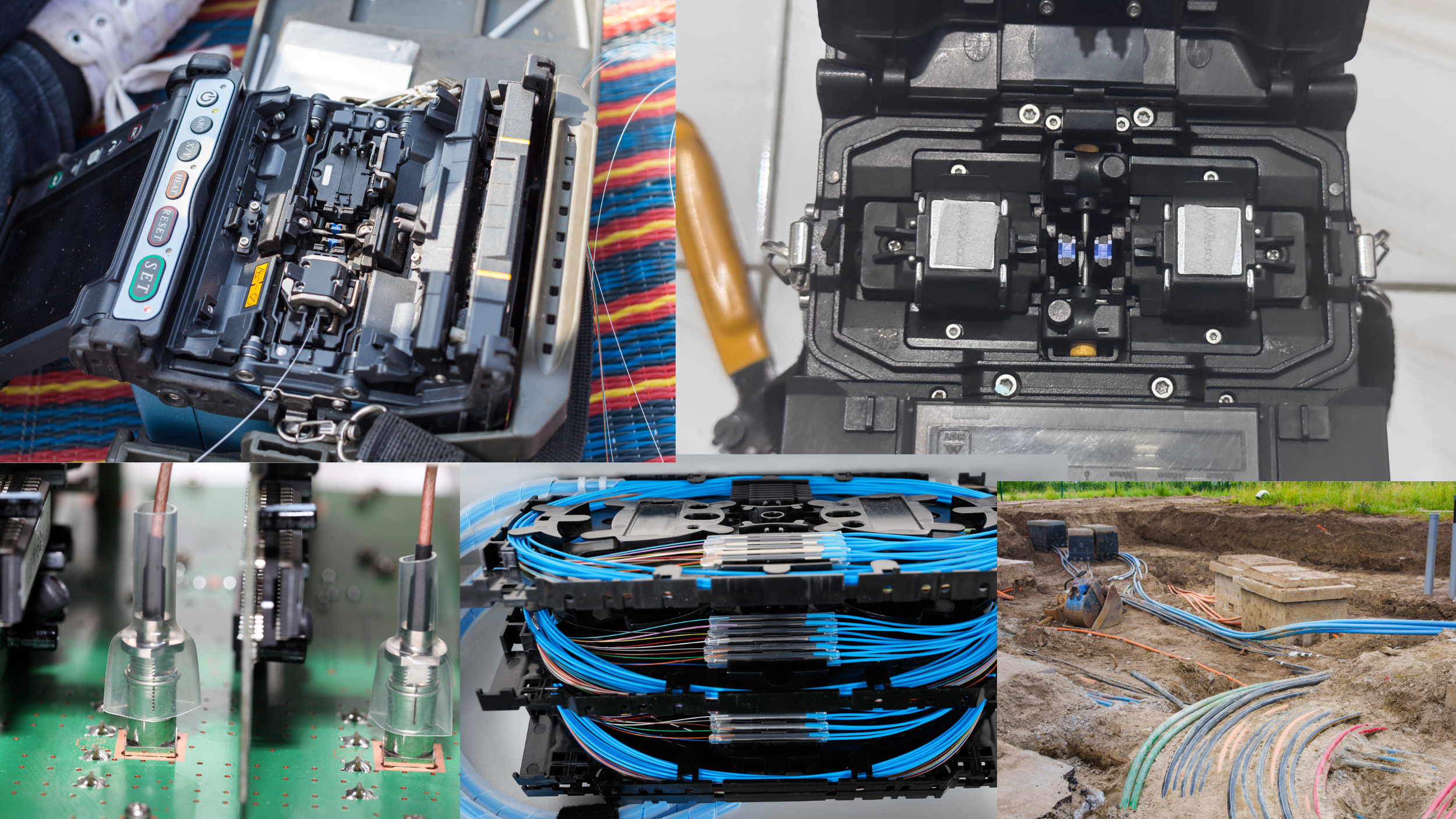 A collage of images showing various stages of fiber optic cable installation and machinery used in telecommunications infrastructure.