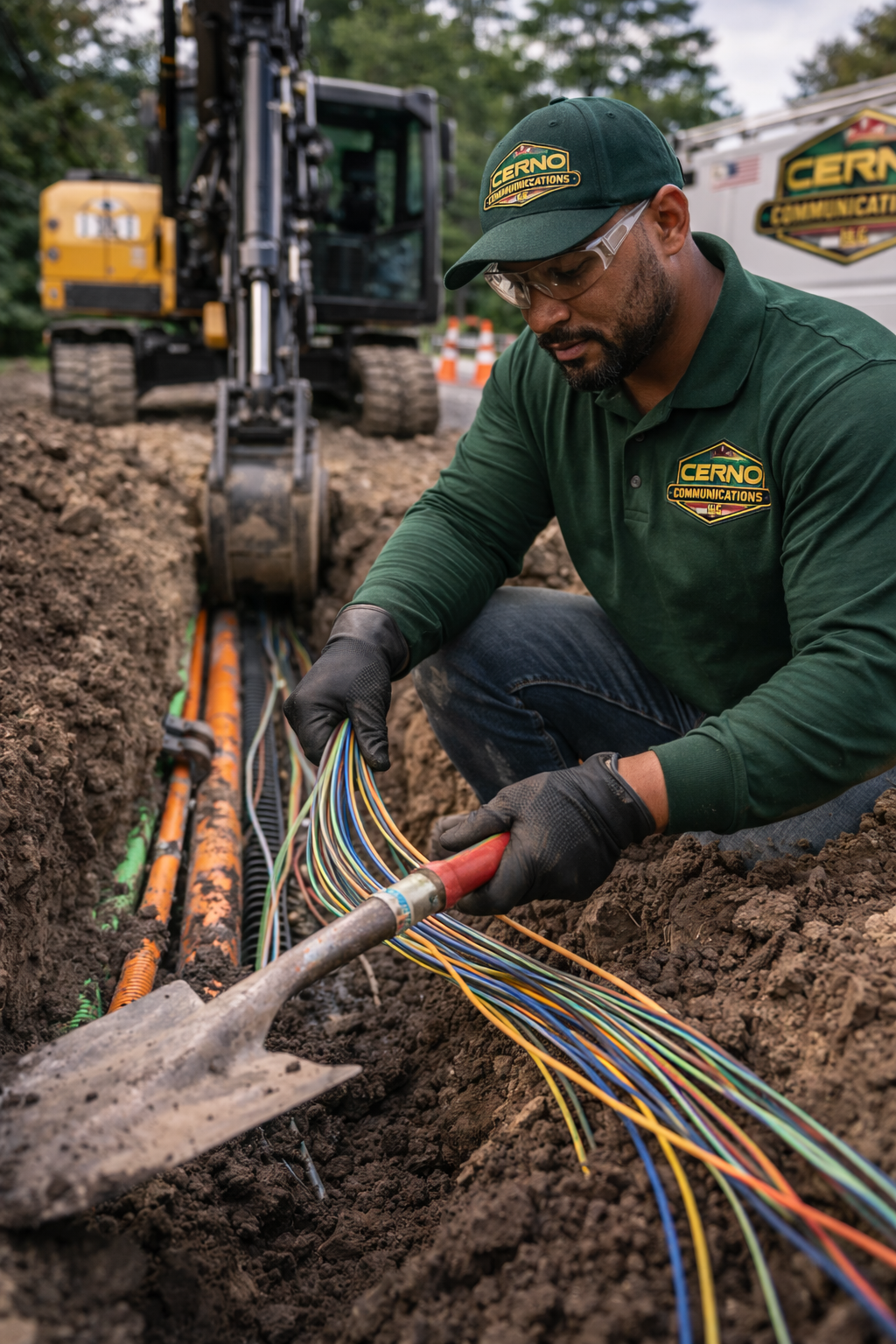 A technician wearing safety glasses, gloves, and a green CERNO Communications shirt and cap is working on underground fiber optic cables with a trowel and a bundle of colorful wires, with a backhoe and traffic cones in the background.
