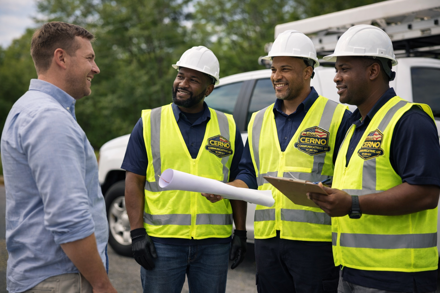 Four men, three wearing yellow safety vests and white helmets, stand outdoors talking to a man in a light blue shirt. They are smiling, with a utility vehicle in the background.