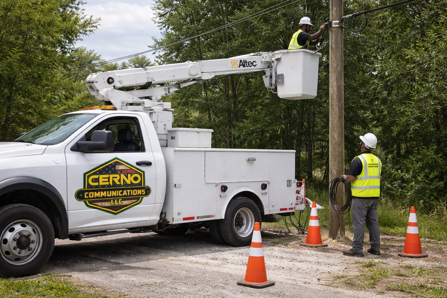 Two utility workers in safety vests and helmets repair or inspect a utility pole, with one worker in a bucket truck and the other holding equipment, on a gravel roadside with orange cones and dense trees in the background.