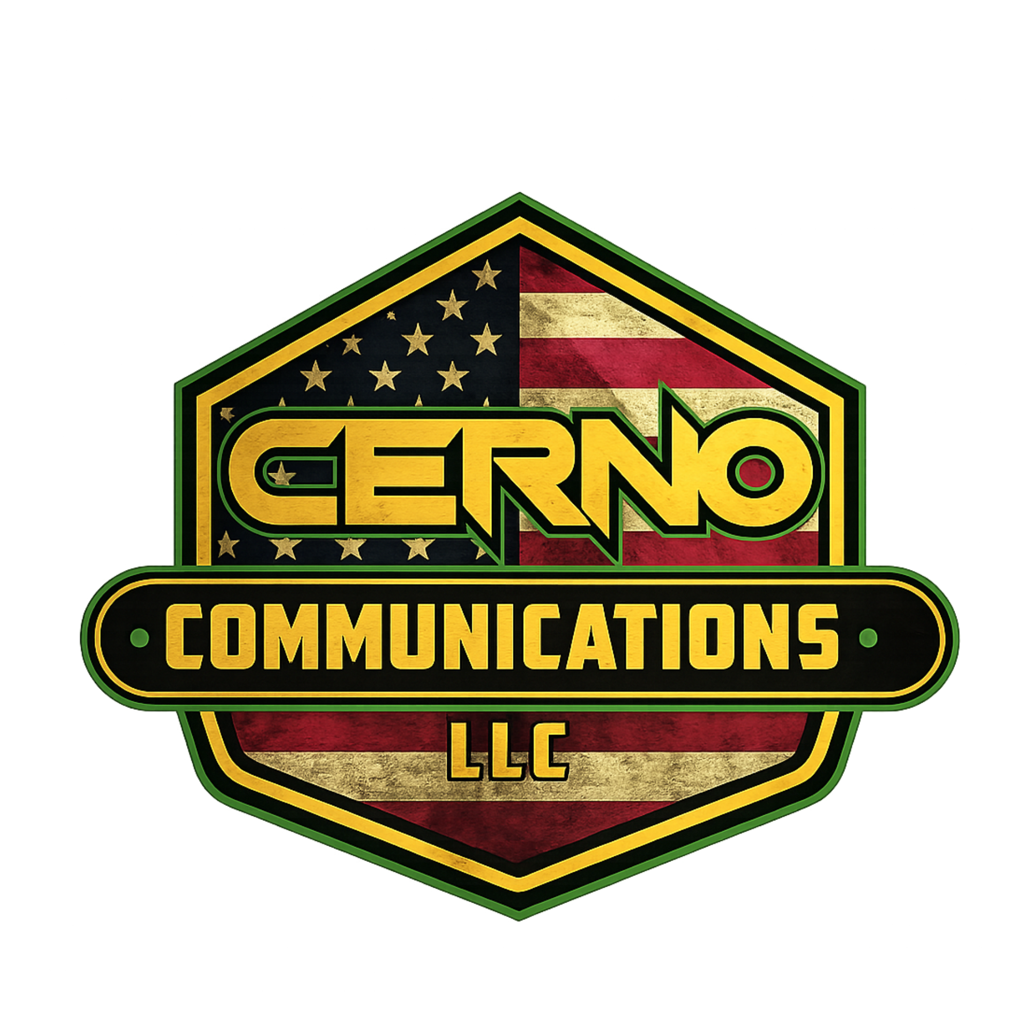 A shield-shaped logo with a vintage American flag background and the yellow text 'CERNO' in the center, with 'COMMUNICATIONS LLC' below it.