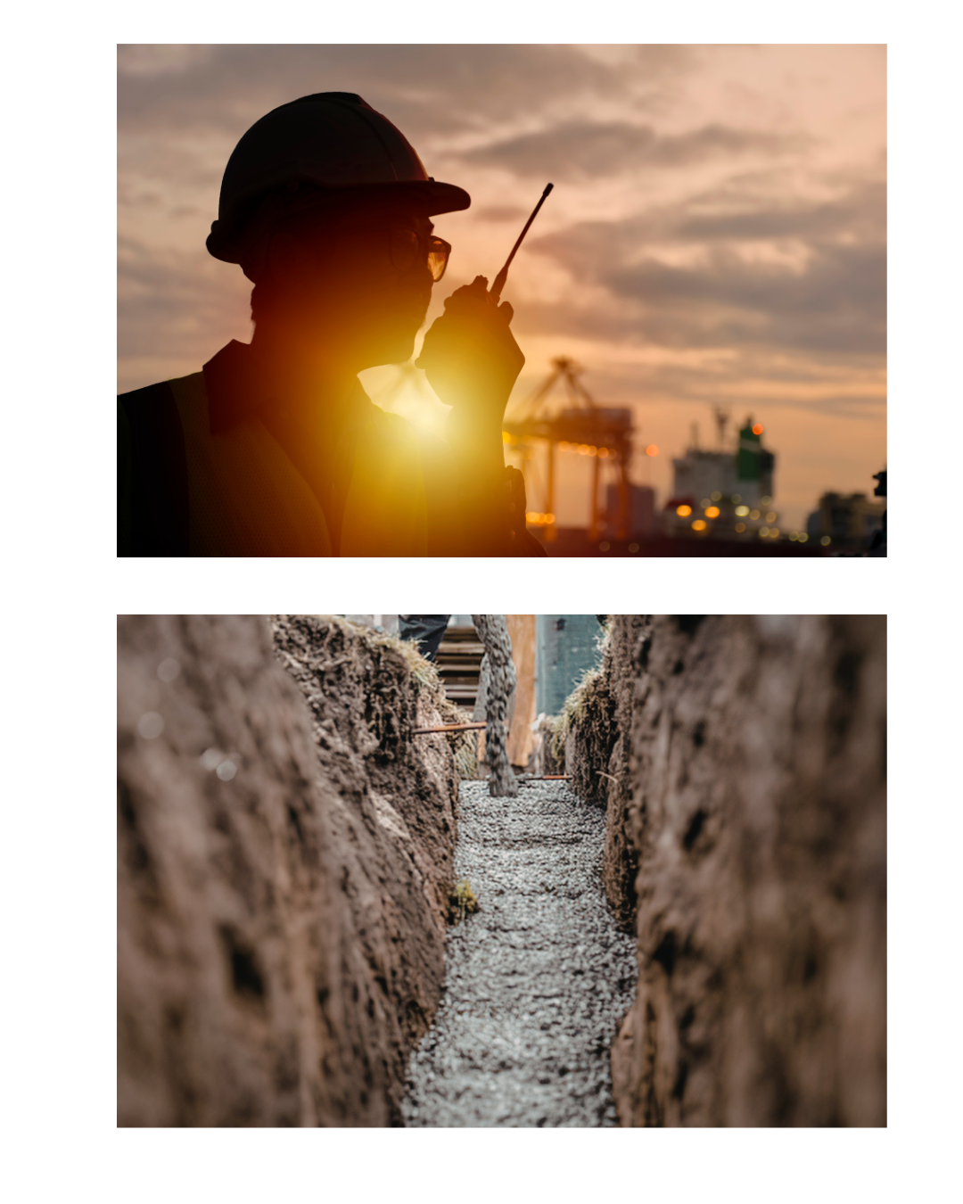 A silhouette of a construction worker wearing a helmet and glasses, holding a walkie-talkie against a sunset with a cityscape and cranes in the background; a narrow trench with soil walls and a gravel path in the foreground.