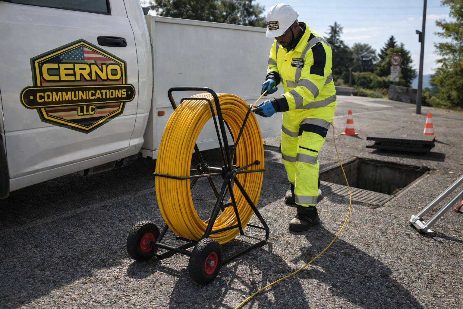 A worker in high-visibility safety clothing and helmet preparing a large spool of yellow cable next to an open manhole on a paved street. There are orange traffic cones and safety equipment nearby, and a vehicle with a Cerno Communications LLC logo o