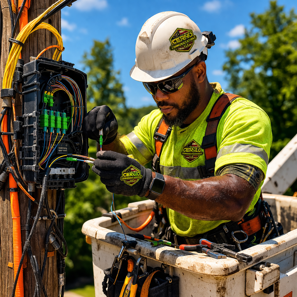 A utility worker wearing safety gear working on electrical wiring on a wooden utility pole outside on a sunny day.