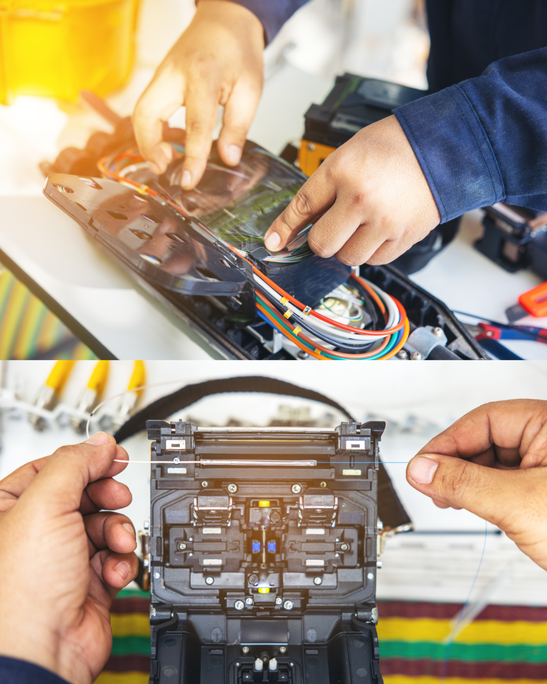Two images of technicians working on electrical or electronic equipment. The first shows a technician using their fingers to manipulate wires inside a device, possibly for repair or maintenance. The second shows a technician threading a wire through a component inside a black plastic casing, with various wires and tools visible around them.
