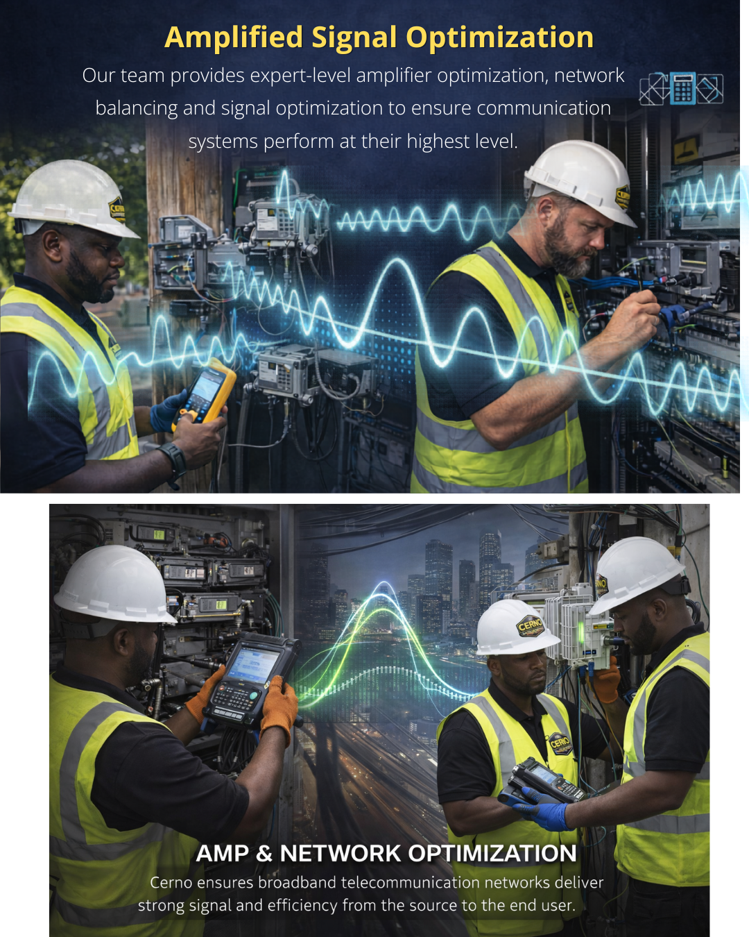 Two images showing telecommunications technicians working on network equipment with digital wave graphics overlay. The first image features two men with safety helmets and high-visibility vests, testing and adjusting network hardware outdoors, with a
