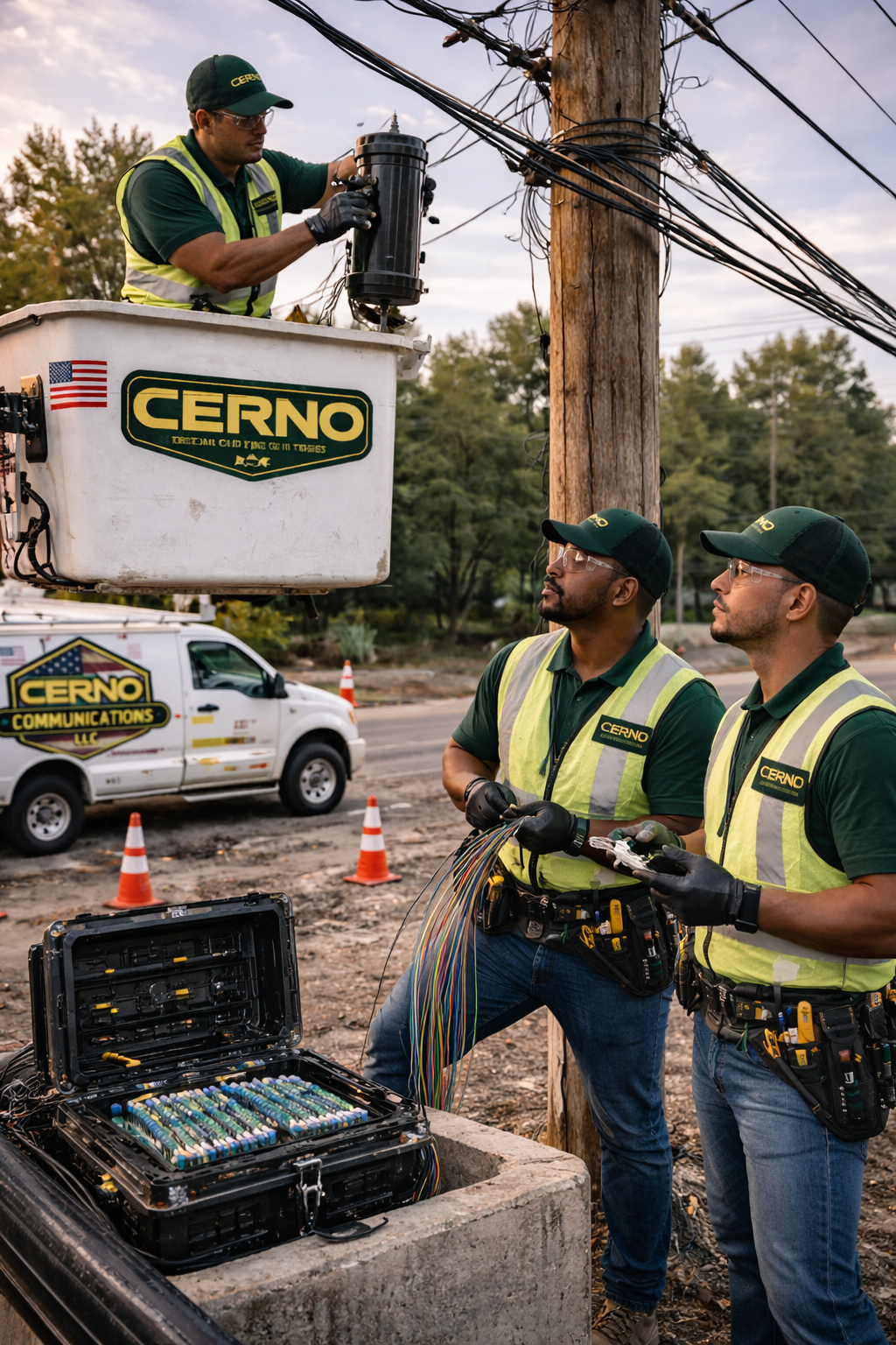 Three utility workers from CERNO Communications working on power lines near a utility pole, with a work van and orange traffic cones in the background.
