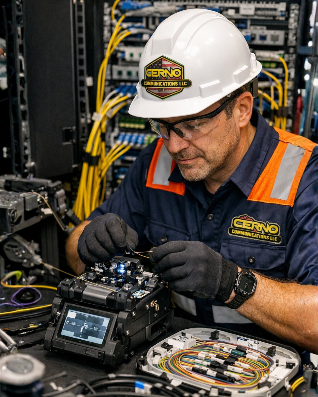 A technician working on a communication device in an industrial setting, wearing a hard hat and gloves, surrounded by electrical wires and equipment.