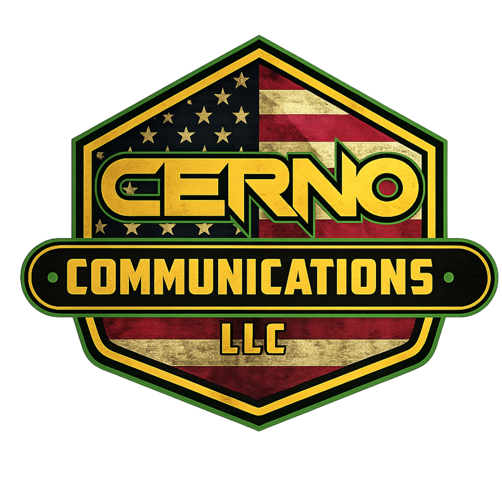 A logo with a shield shape, featuring an American flag pattern, with the word 'GERNO' in large yellow text outlined in green, and the words 'COMMUNICATIONS LLC' underneath in yellow on a black background, outlined in green.