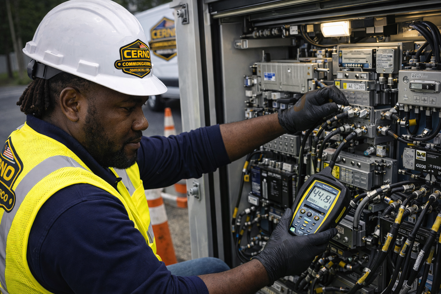 Technician in a yellow safety vest and white helmet working on  panels with a digital multimeter showing 44.9.
