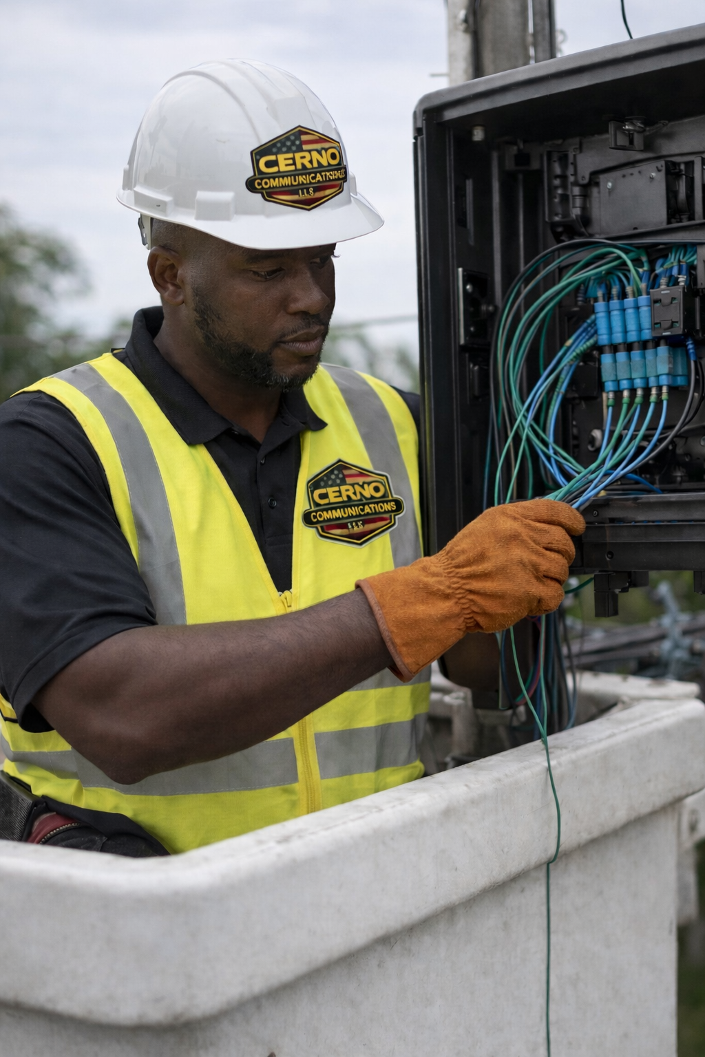 A technician working on an open electrical utility box, wearing a hard hat and safety vest labeled 'Cerno Communications', with various wiring inside