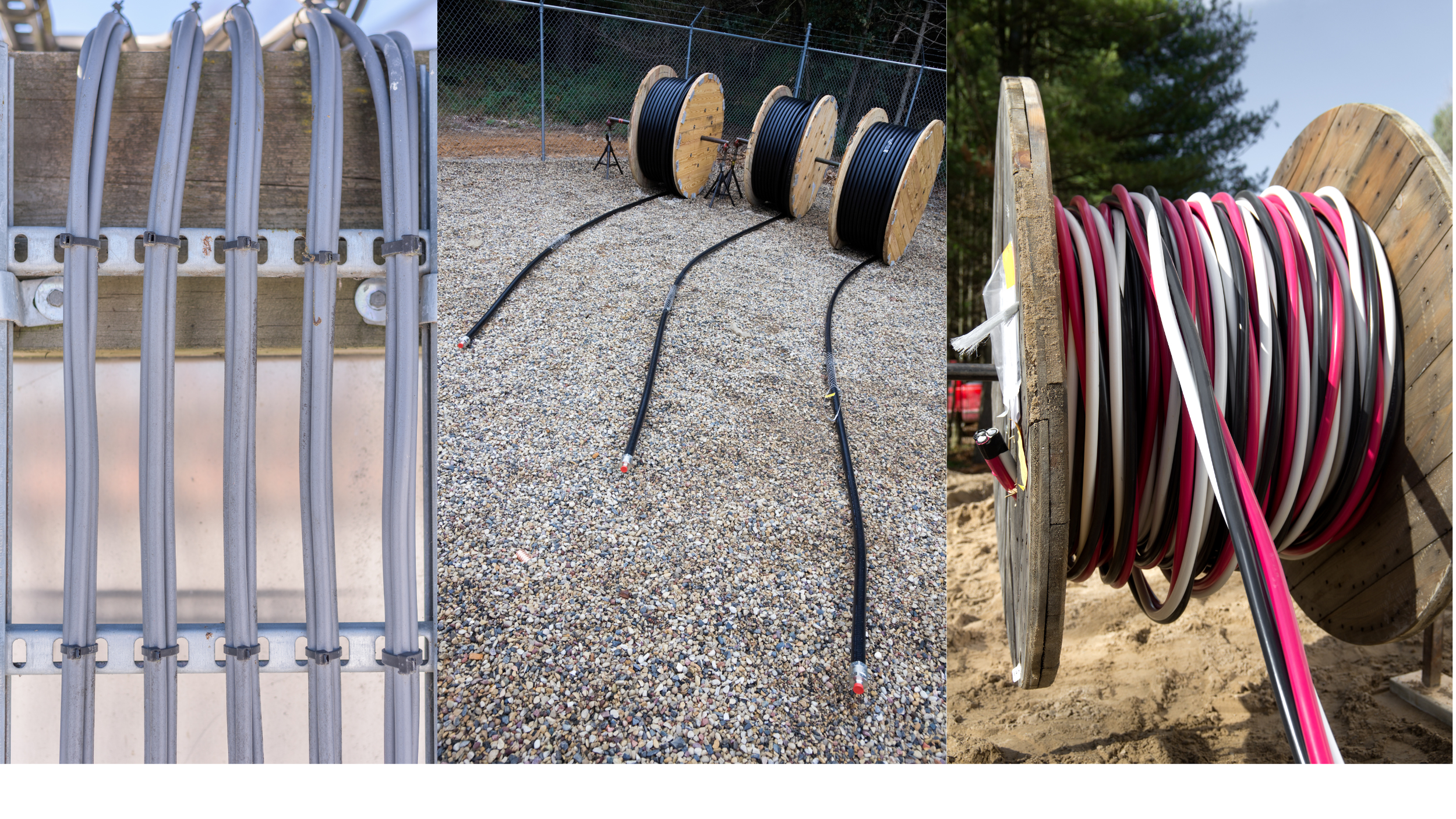 Three sections showing different types of cable spools and wiring setups: the left with metal pipes, the middle with large wooden spools holding black cables on gravel ground, and the right with colorful cables wound around a wooden spool outdoors.