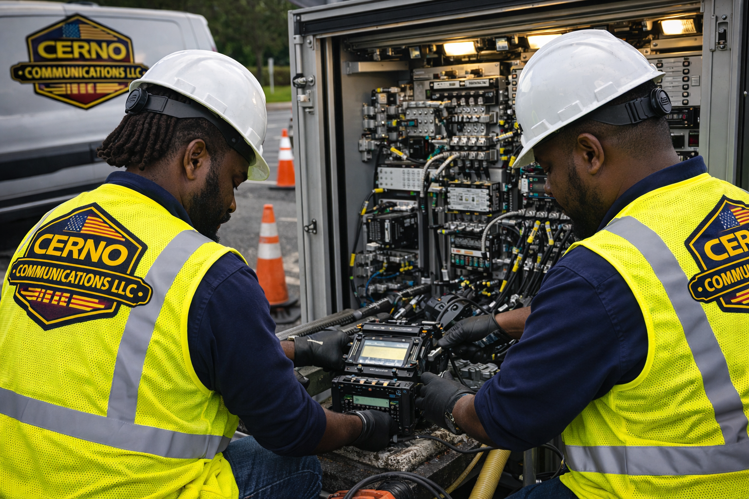 Two workers in yellow safety vests and white helmets working on an outdoor telecommunications  panel with orange traffic cones and Cerno Communications LLC vehicle in background.