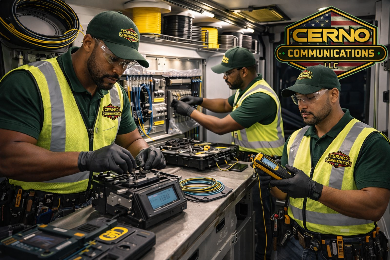 Three technicians working on electrical equipment inside a mobile service van, wearing safety gear and branded uniforms for Cerno Communications.