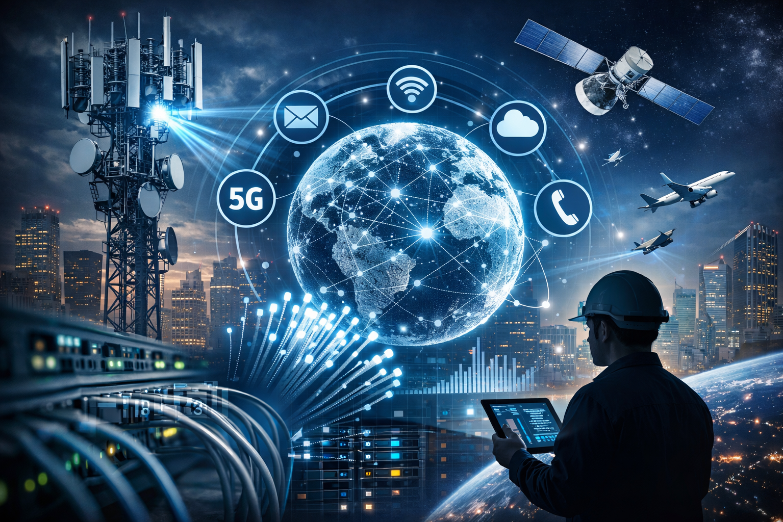 A person wearing a hard hat with a tablet in hand, with a city skyline at night and a digital globe with technology icons like 5G, email, Wi-Fi, cloud, and communication symbols overlaid, along with satellites, airplanes, and antenna towers.