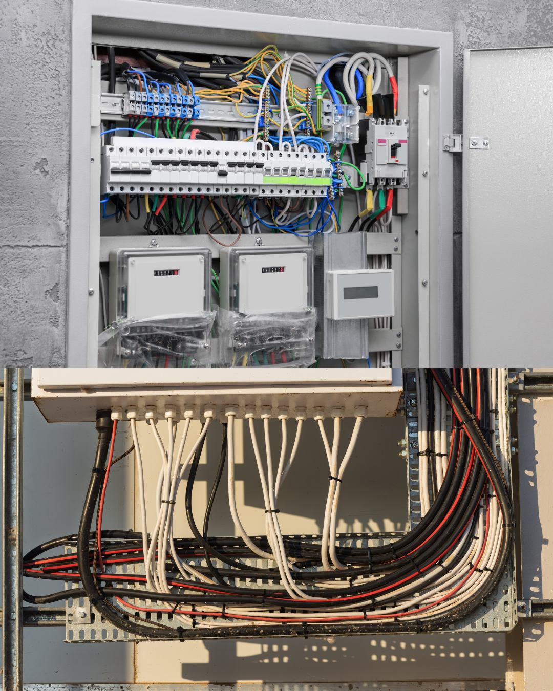Two electrical panels with wired components and circuits.