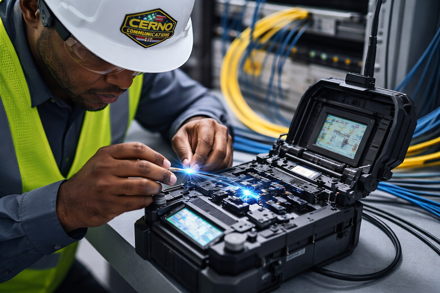 A technician wearing a hard hat and safety vest working on a fiber optic communication device with a lit display and cables in the background.
