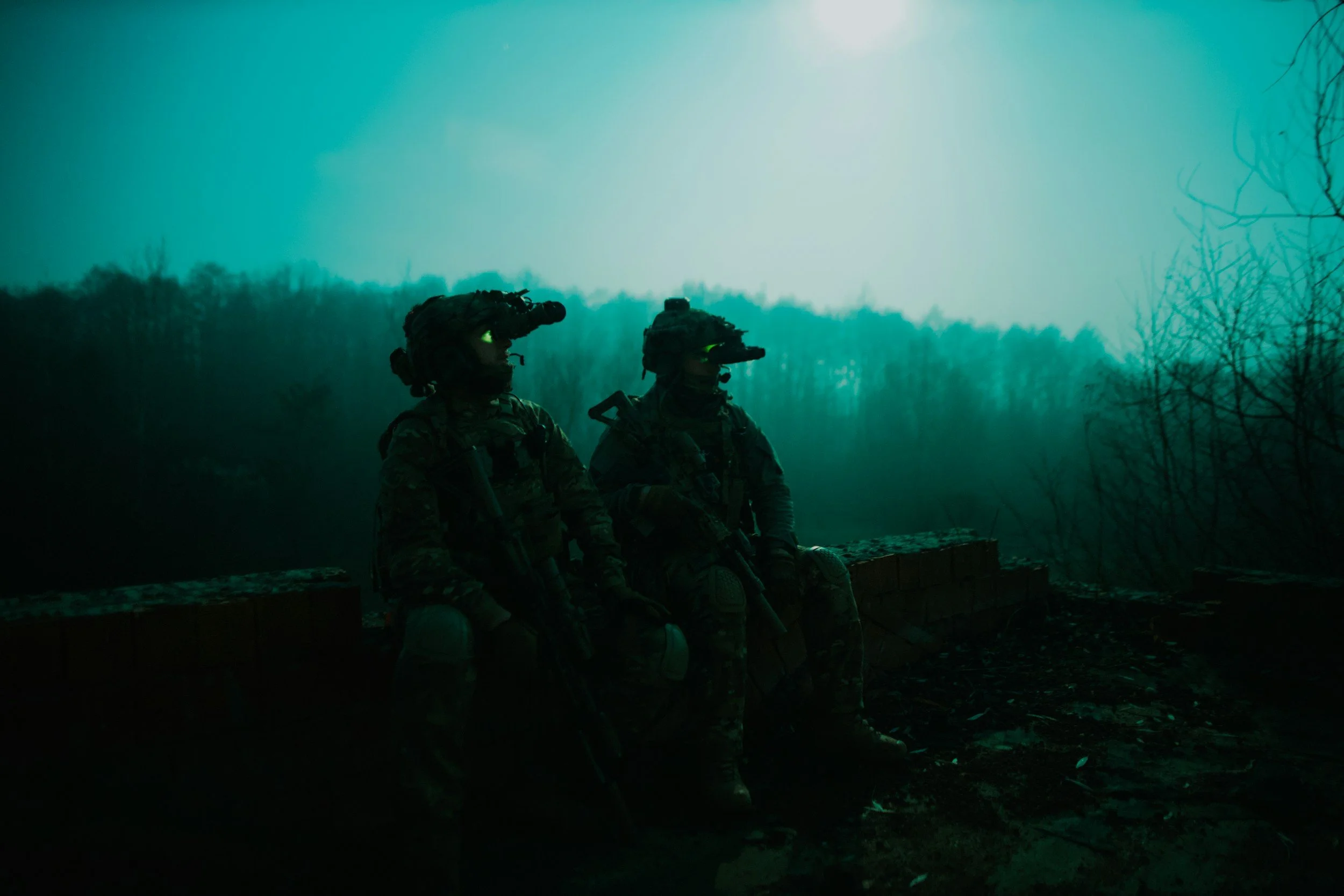 Two soldiers in combat gear sitting on a ledge, silhouetted against a greenish sky, with a forest in the background.