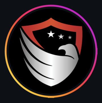 A shield with an eagle, stars, and a rainbow-colored border.