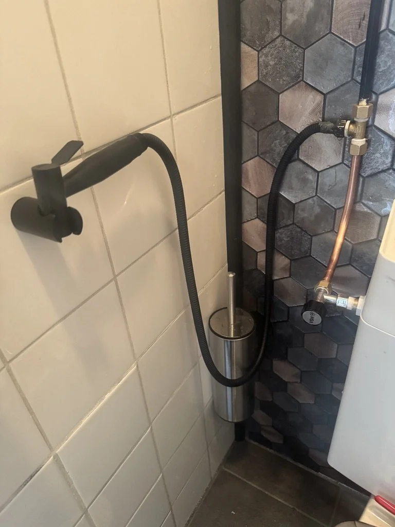 A handheld bidet wand installed next to a toilet
