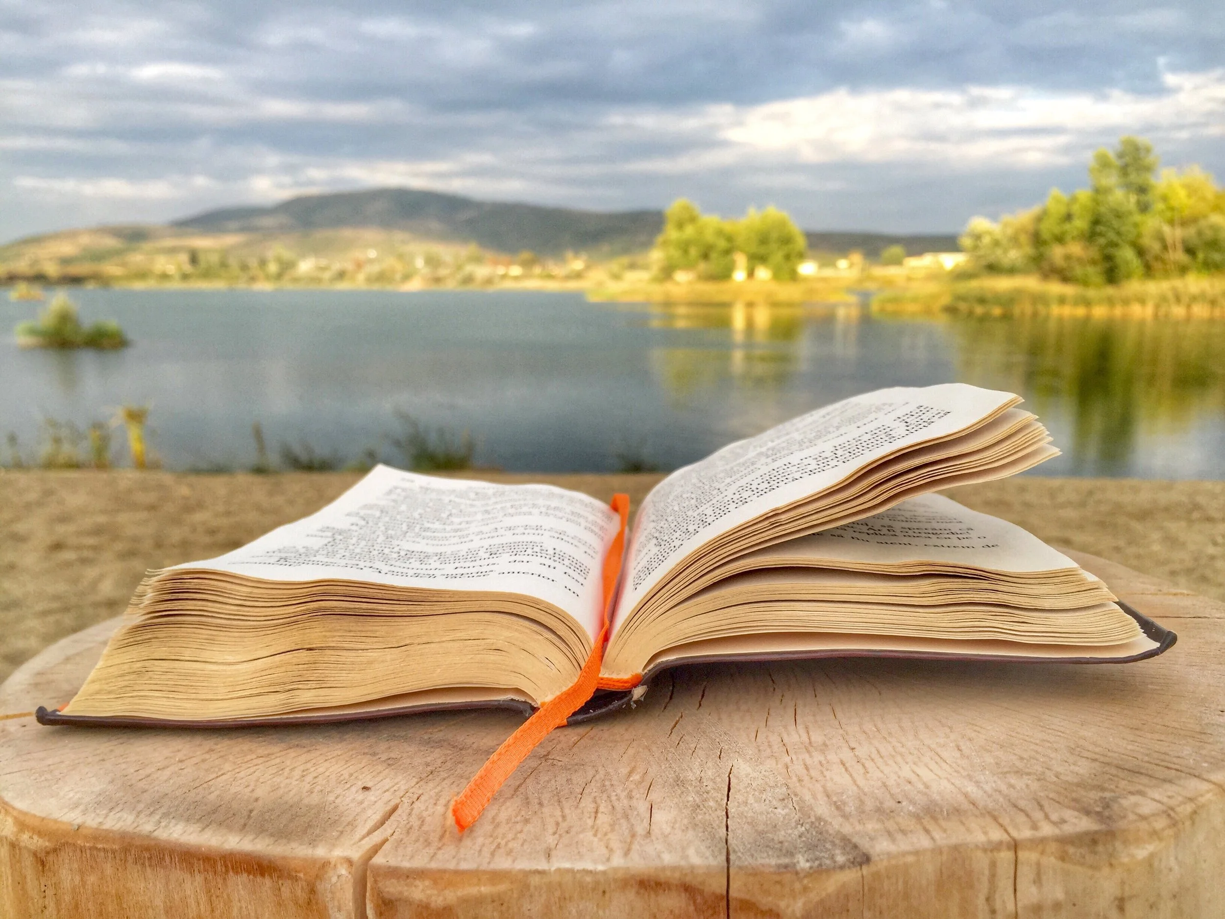 Open book resting on a wooden surface by a lake with trees and hills in the background under a cloudy sky.