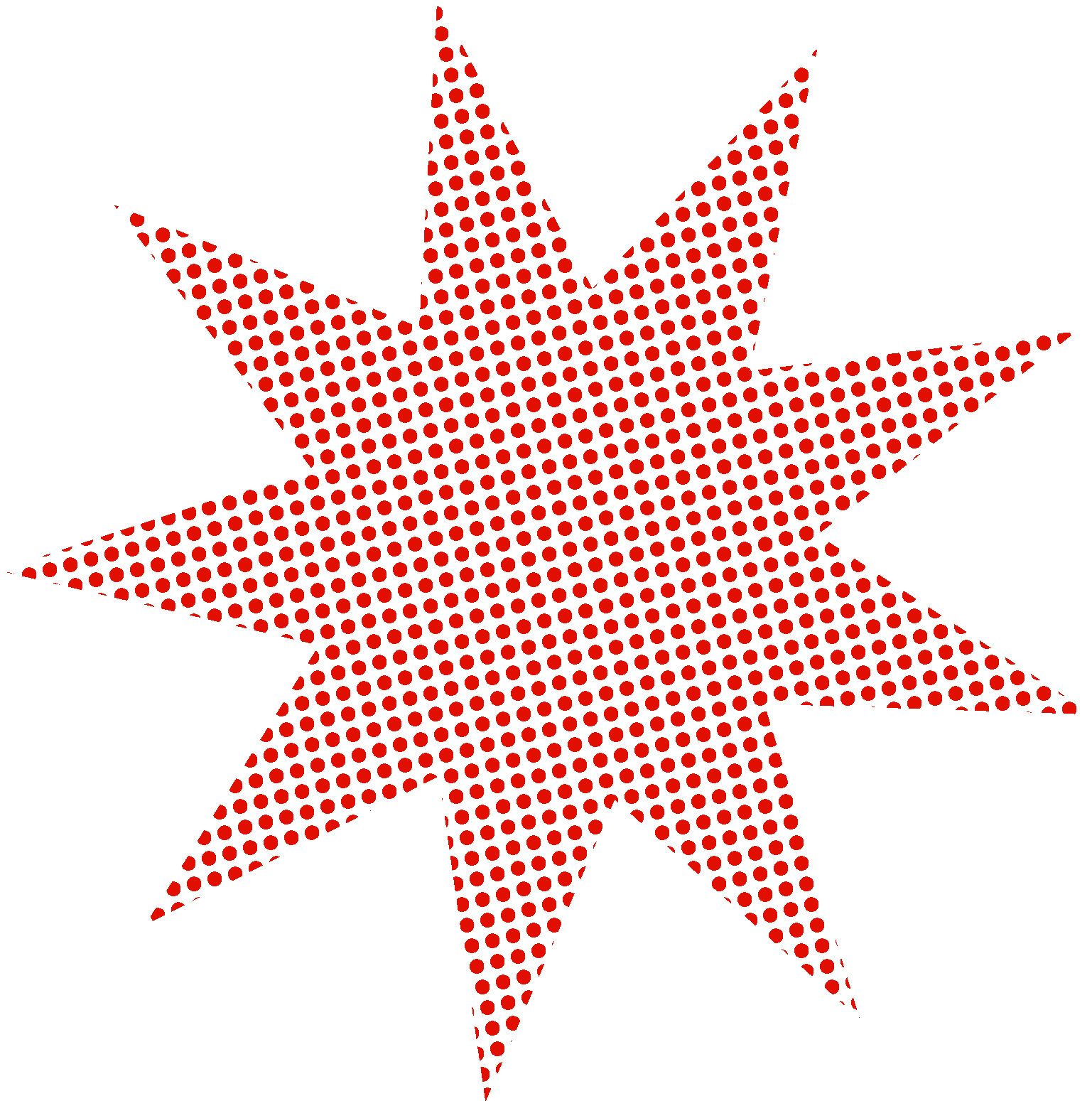 A red starburst graphic with a halftone dotted pattern on a white background.
