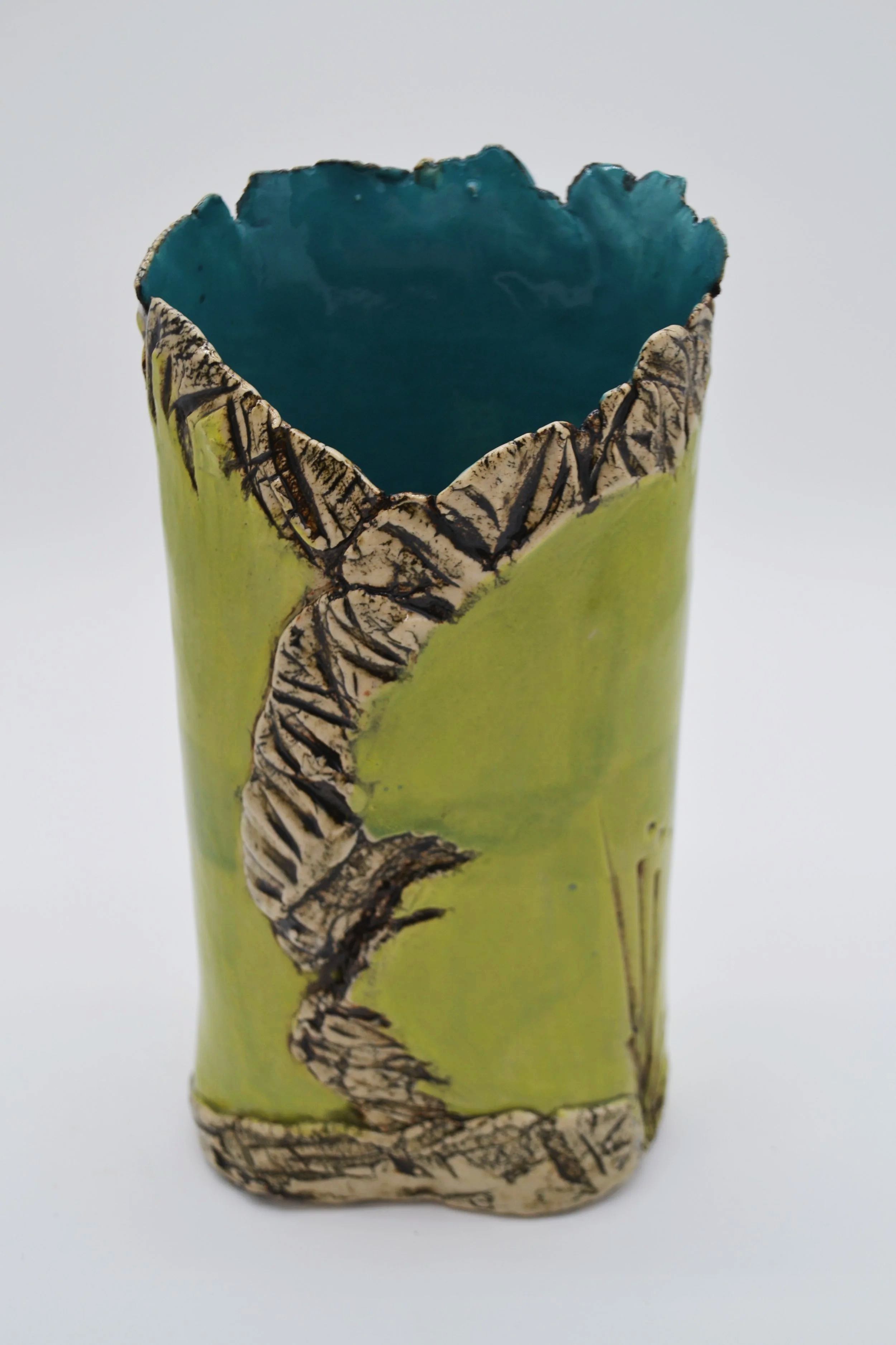 Tall Green Vase with Textured Rim
Cone 6 Stoneware
Electric Kiln Fired