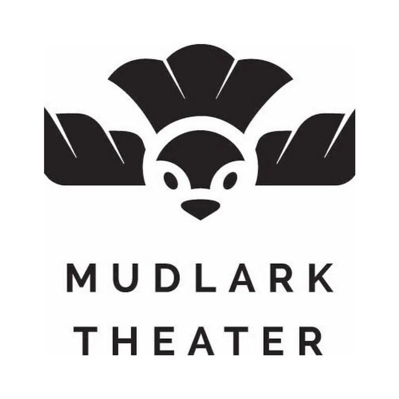 Black and white logo of a raccoon's face with stylized feathers or leaves above it, and the text "MUDLARK THEATER" below.