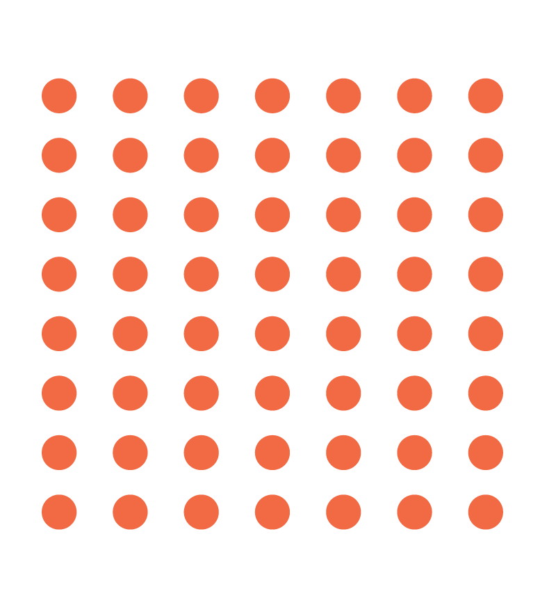 Grid of 49 orange circles on a black background arranged in seven rows and seven columns.