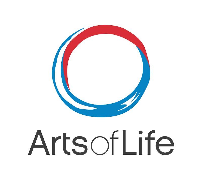 Logo for Arts of Life featuring a circular brush stroke in red and blue and the text 'Arts of Life' beneath it.