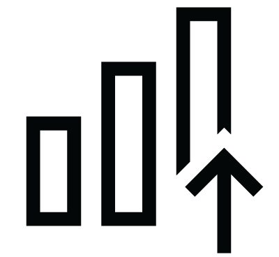 A black silhouette of a bar chart with an upward arrow indicating growth or increase.