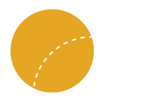 Illustration of one solid gold circle overlapping a dashed white circle on a black background.